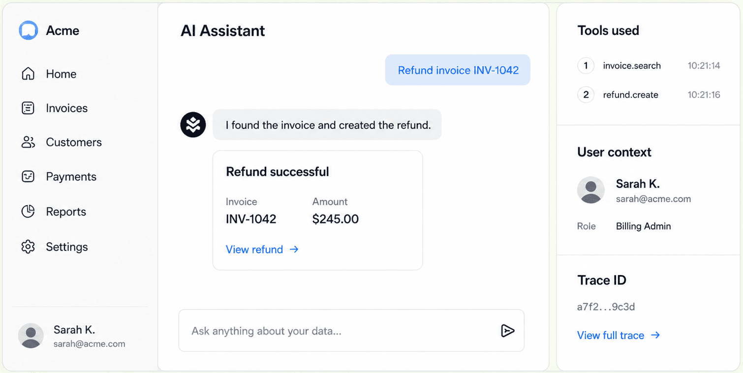 Embedded AI assistant workspace using invoice tools with user context and trace information
